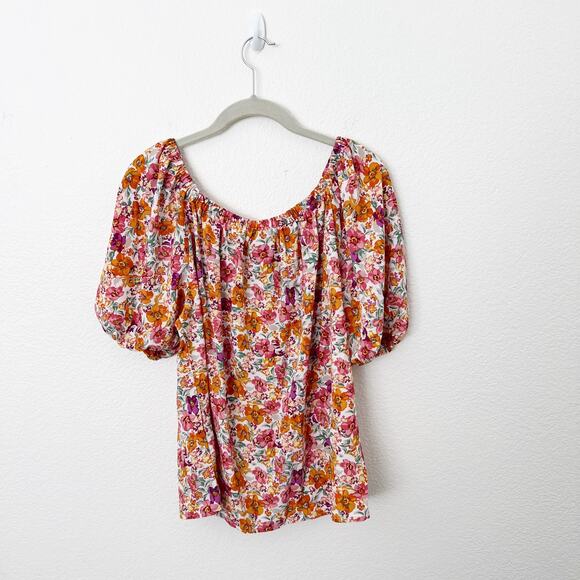 [W5] Pink Orange Floral Print Puff Sleeve Smocked Neck Scoop Blouse Sz Medium M - Picture 2 of 10